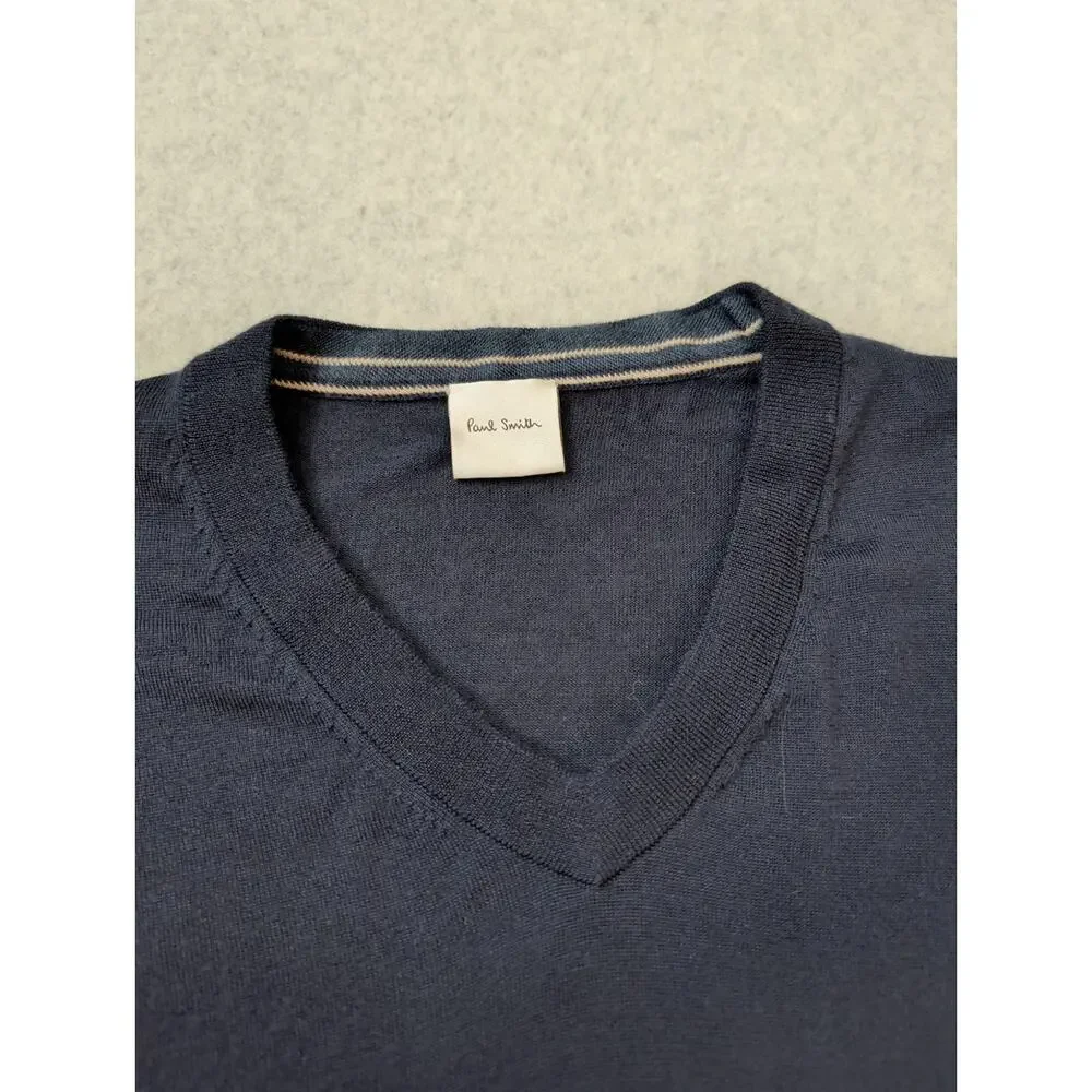 Paul Smith Mens 100% Merino Wool Sweater Blue Large V Neck Lightweight Pullover